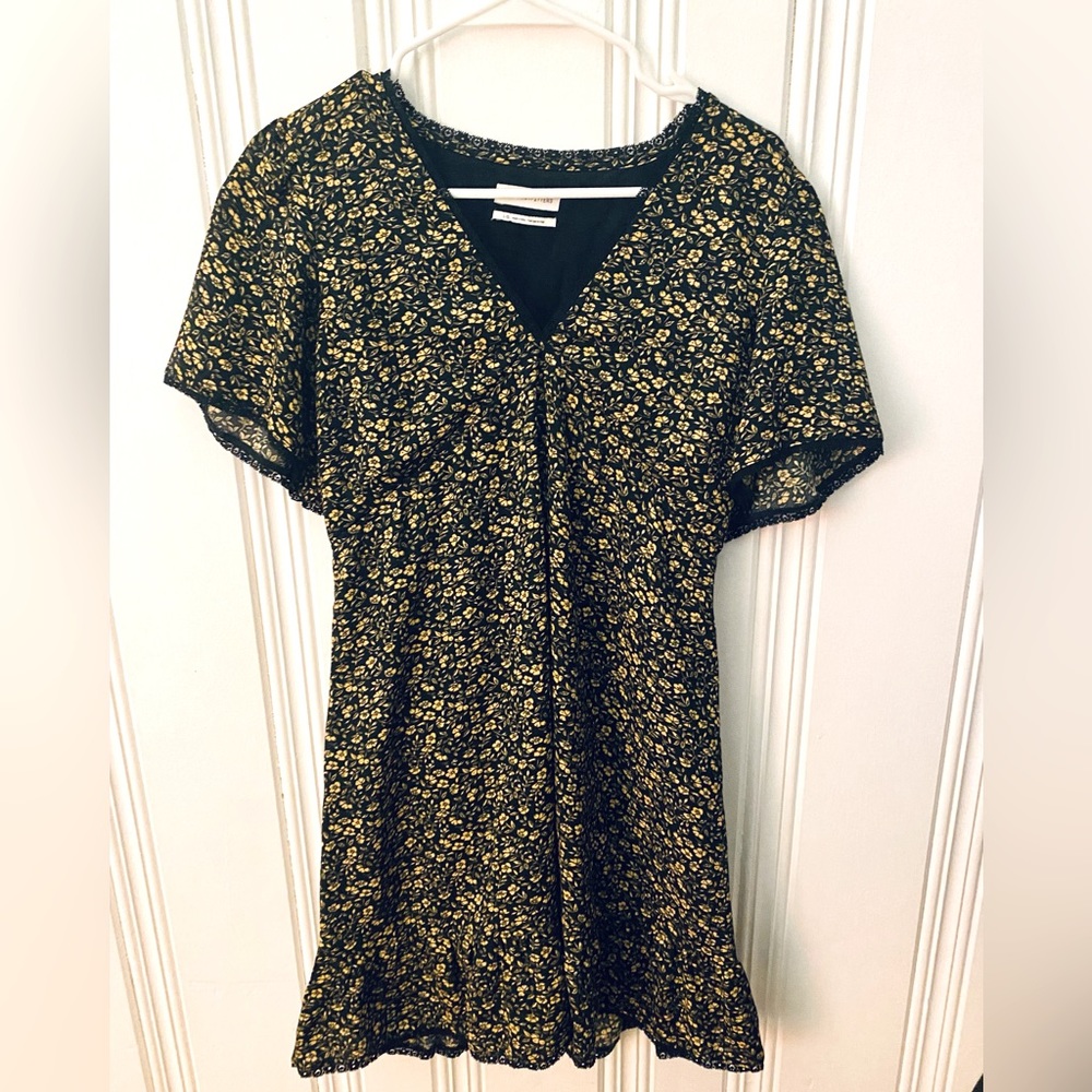 Urban Outfitters black and yellow dress with ruffle hem and corset style back